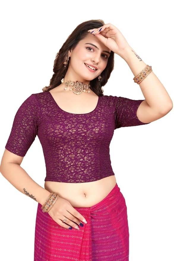 61jmc-TQCNL._SY879_.jpg Round Neck Jacquard Elbow Sleeve Readymade Saree Blouse for Women Stylish - Image 1